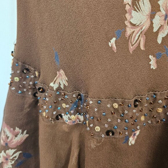 Fairy Cottage Core Dress Frilled Layer Midi Silk Brown Floral 12 Nicole Miller - Picture 11 of 16
